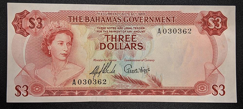 1965 Bahamas Government $3 Bank Note – U N C