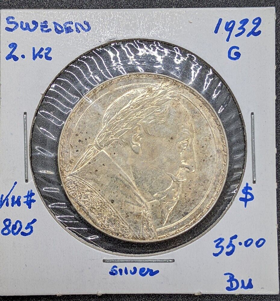 1932 G Sweden Silver 2 Kronor Coin