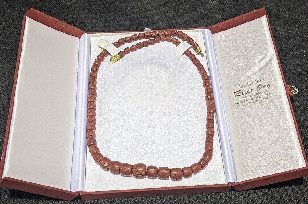 Natural Red Coral Bead Necklace / Strand With 18 Kt Gold Clasp - 24