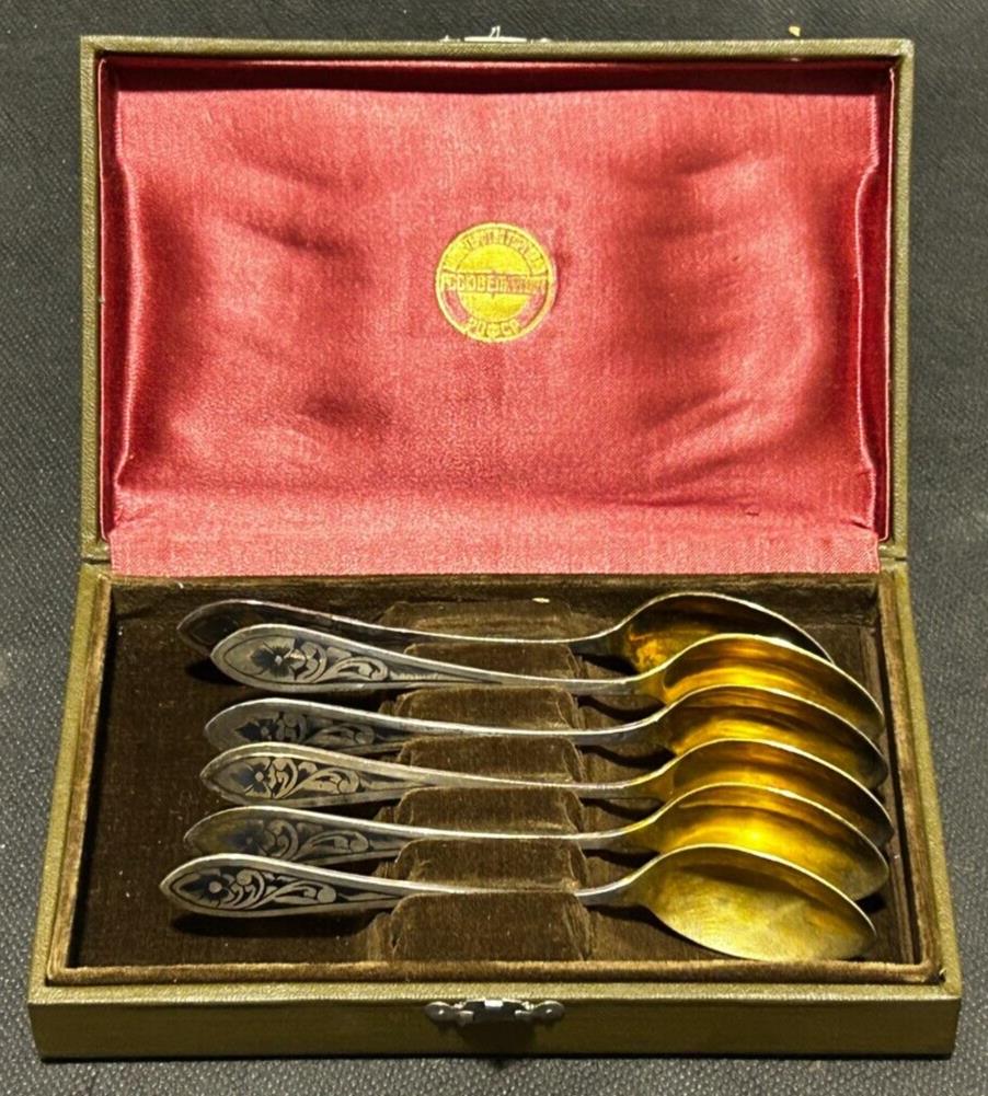 1930's Russian 875 Silver Niello Spoon Set Gold Wash
