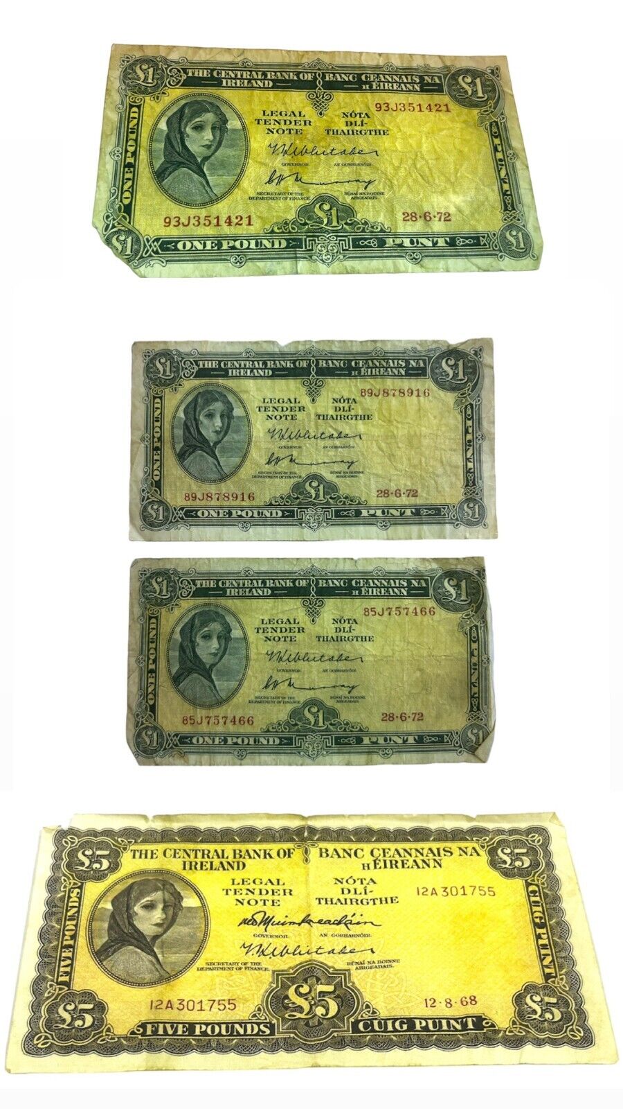 1968/1972 Rare Ireland Irish Bank Notes of Pounds, 5 pound/ 3x 1 pound notes
