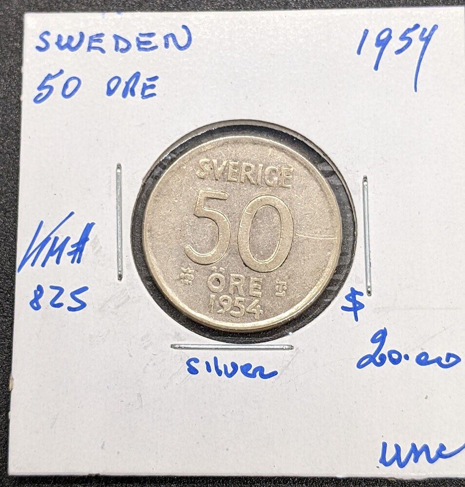 1954 Sweden Silver 50 Ore Coin