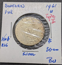 Load image into Gallery viewer, 1961 U Sweden Silver 1 Kronor Coin
