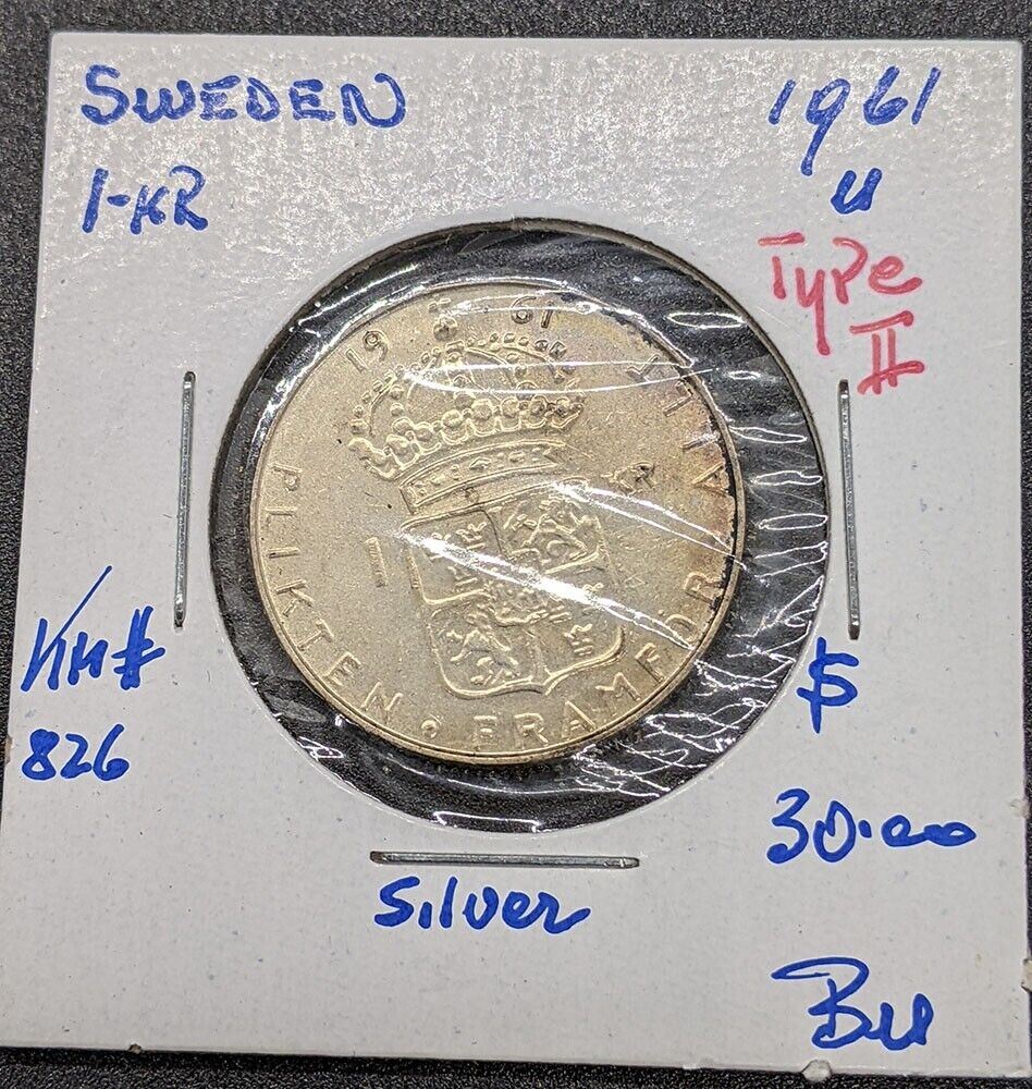 1961 U Sweden Silver 1 Kronor Coin