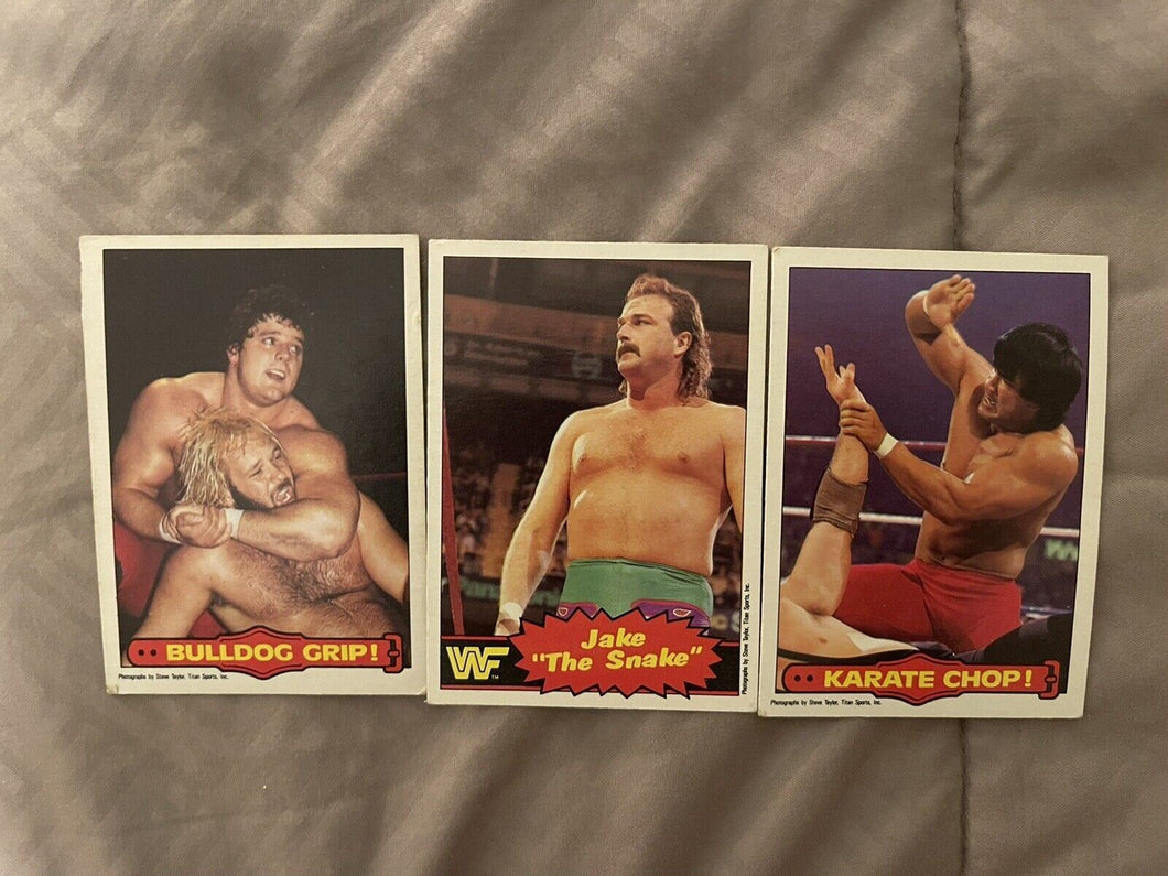 WWF O Pee Chee cards #30 #32 Ringside Action, #33 Jake the snake 1985