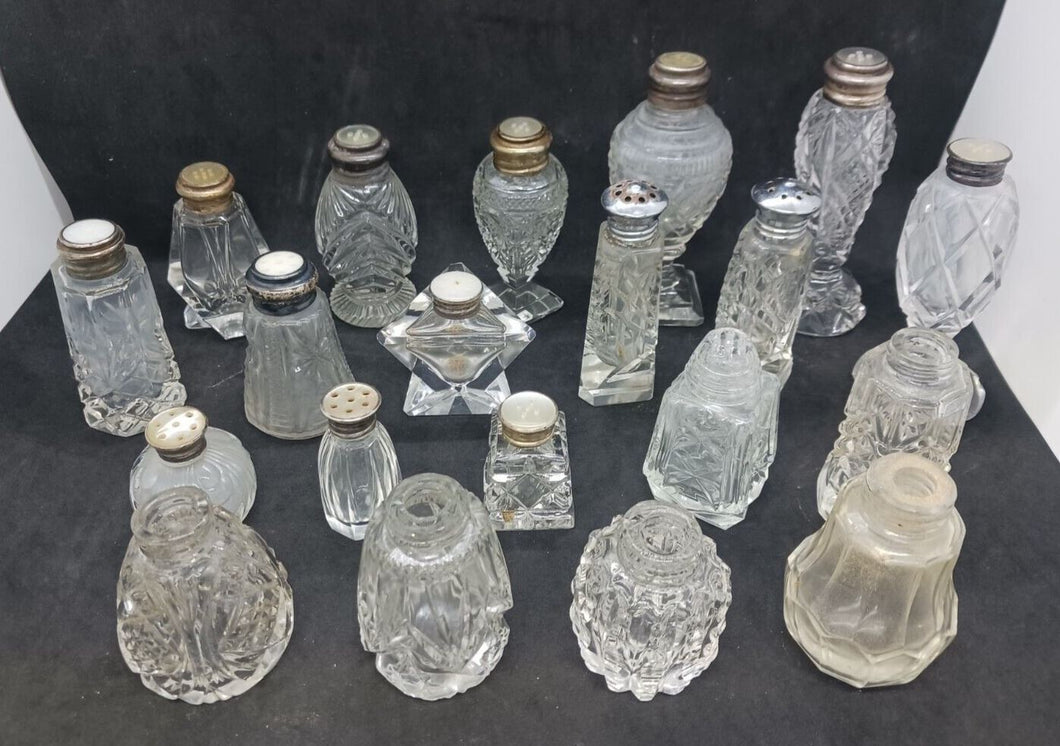 Lot Vintage Crystal Glass Salt Pepper Shakers STERLING / Chrome TOPS 20 pcs