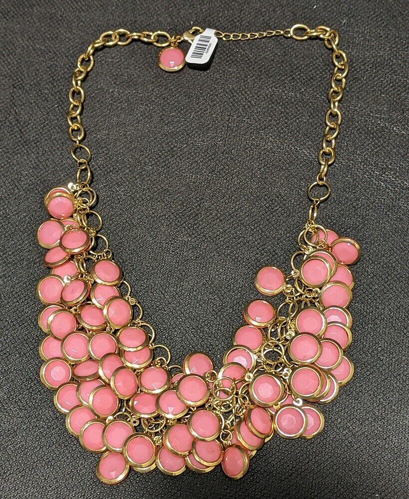 Gold Tone Multi Dangle Pink Bead Bib Necklace - 20
