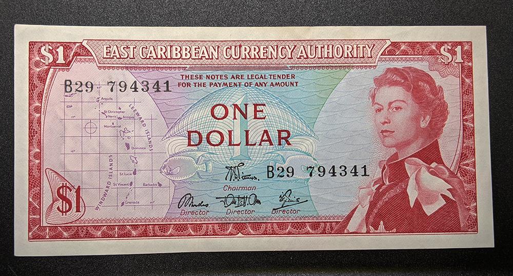 1965 East Caribbean Currency Authority $1 Dollar Bank Note – X F +
