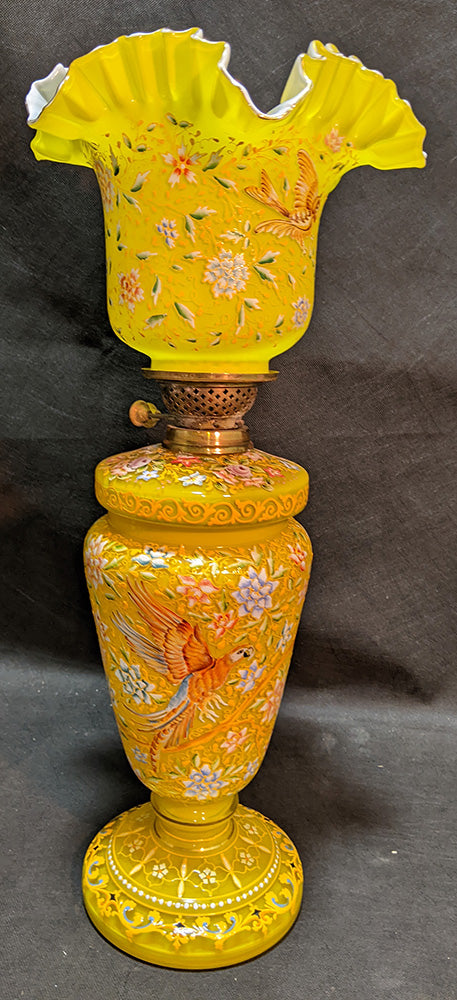 Large, Hand Painted Yellow Glass Oil Lamp - Ruffled Shade - As Found