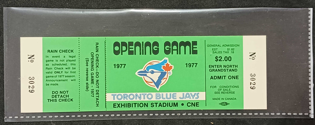1977 Toronto Blue Jays Opening Game Grandstand Full Ticket