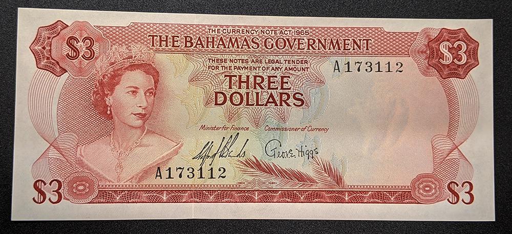 1965 Bahamas Government $3 Bank Note