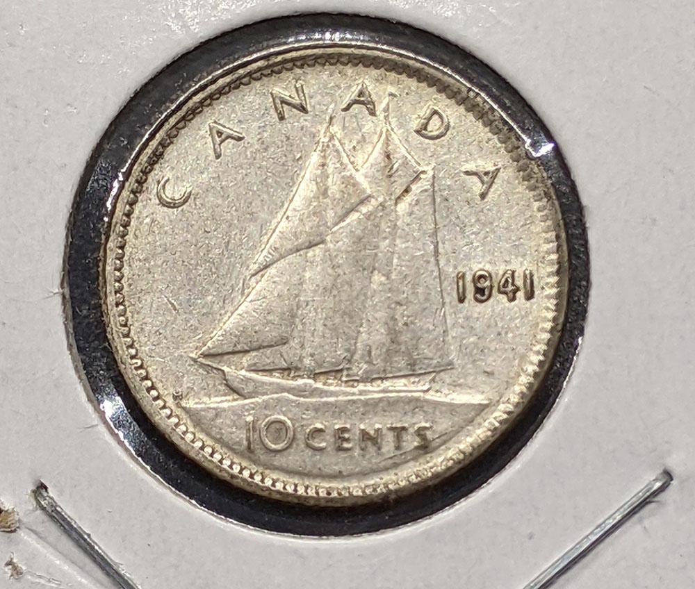 1941 Canada Silver 10-Cent Dime Coin - E F 40 -- ROTATED