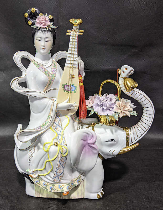 Asian Ceramic Figurine, Woman With Instrument on Elephant