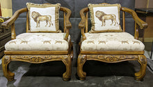 Load image into Gallery viewer, Pair of Beautiful Carved Wood &amp; Tiger Motif Fabric Deep Chairs
