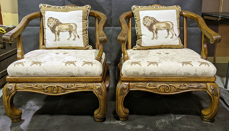 Pair of Beautiful Carved Wood & Tiger Motif Fabric Deep Chairs