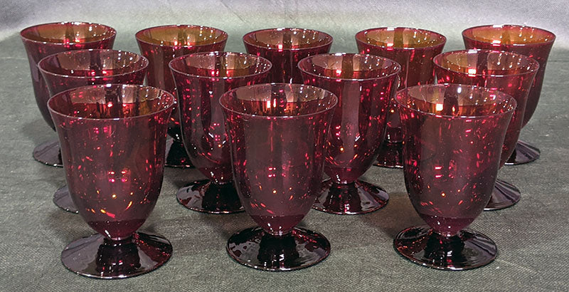 12 Cranberry Glass Pedestal Water Glasses