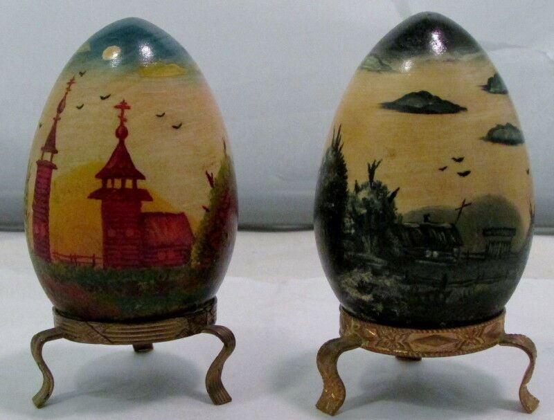 2 Vintage Hand Painted Wooden Eggs With Holders