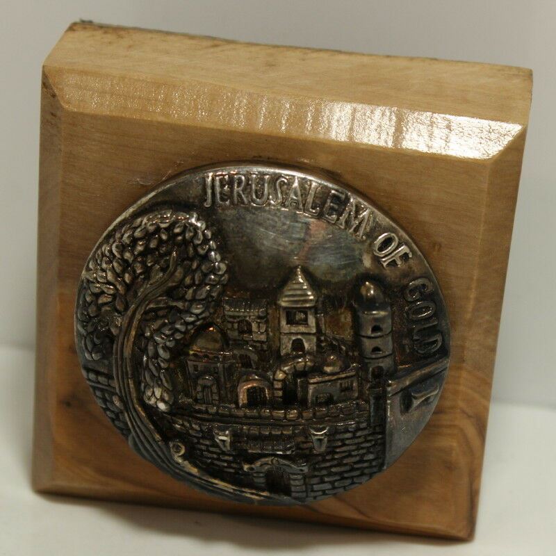 Jerusalem of Gold 925 Silver Medallion on Wooden Plaque