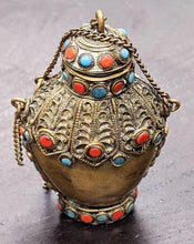Load image into Gallery viewer, Vintage Brass Scent Bottle - Silver Tone Detail With Red &amp; Blue Accent
