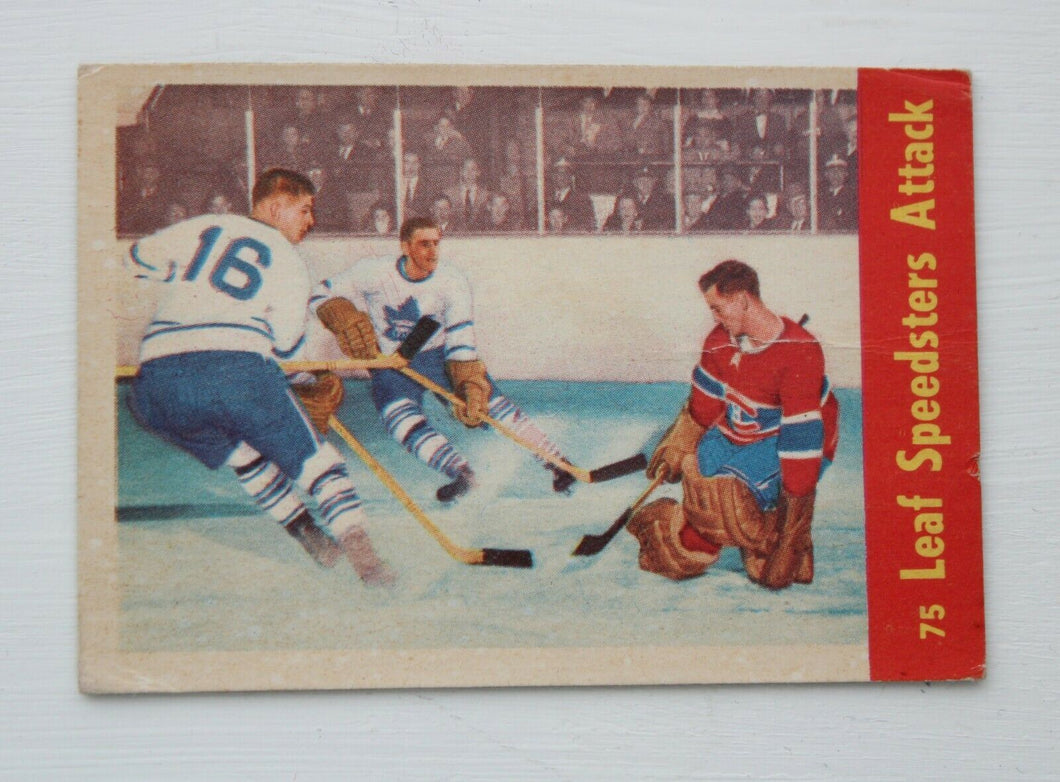 1955 Parkhurst Jacques Plante Leaf Speedsters Attack #75 Hockey Card in VG Shape