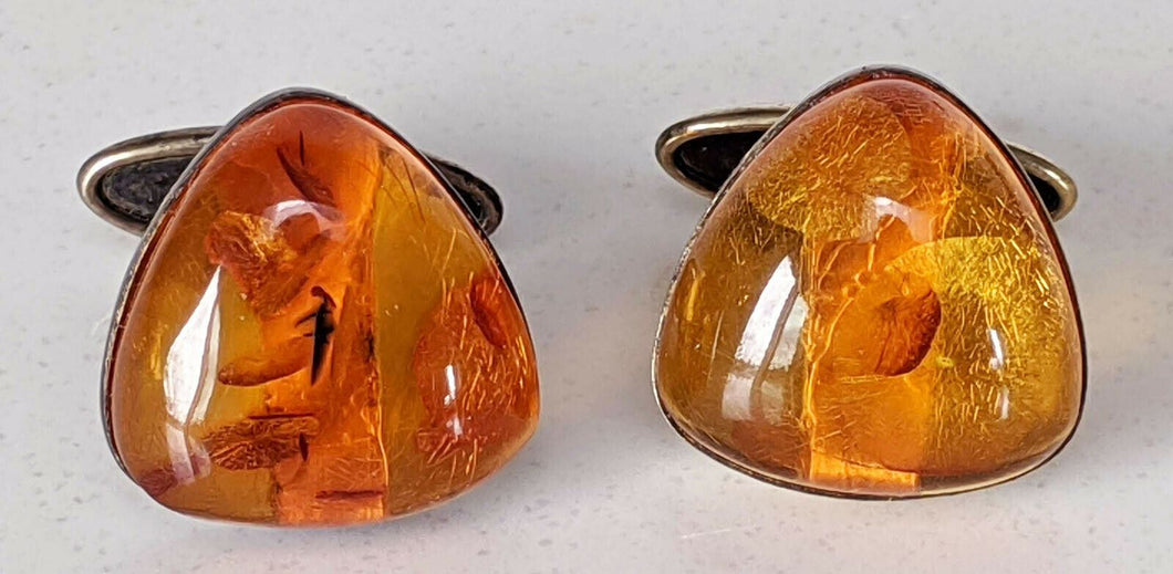 Vintage 9 Ct & 875 Silver Triangular Natural Amber Cufflinks