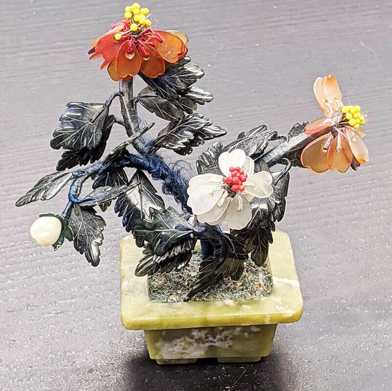 Hard Stone Carved Pot, Bonsai / Flower Sculpture, Stone Petals, Silk Stem - As Is