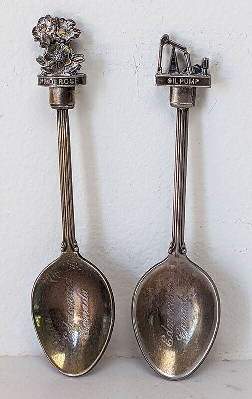 2 Silver Plate EDMONTON Canada Souvenir Spoons – 3D Tops - Made in UK