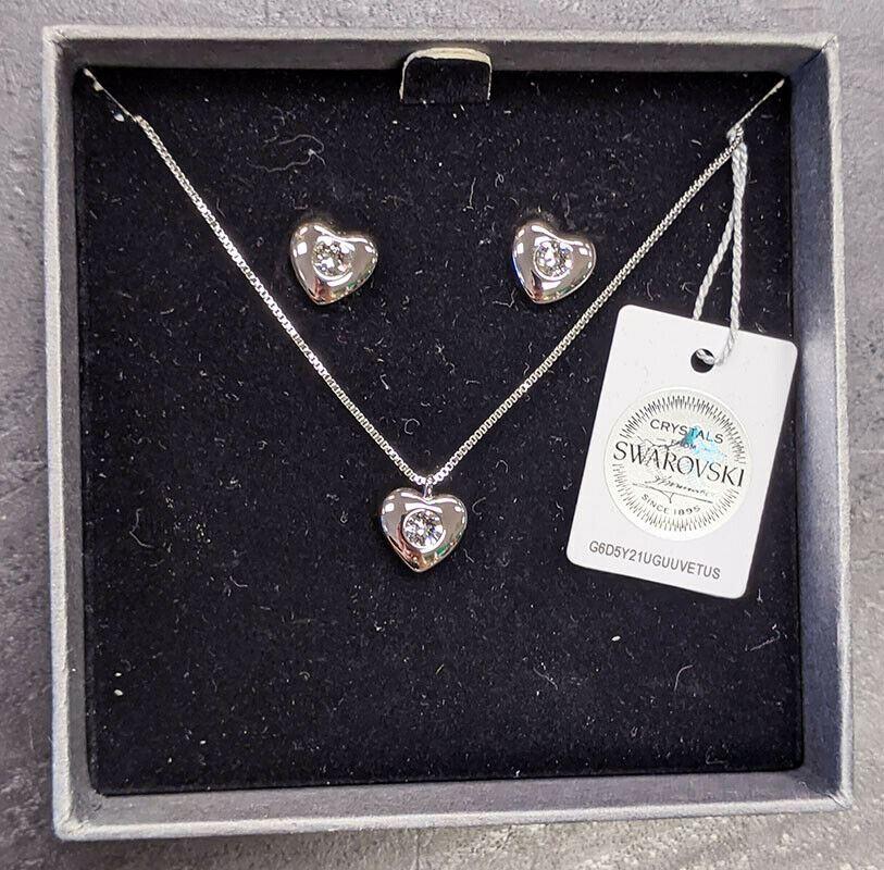Heart Shaped Crystals by SWAROVSKI Necklace & Stud Earring Set - Silver Tone