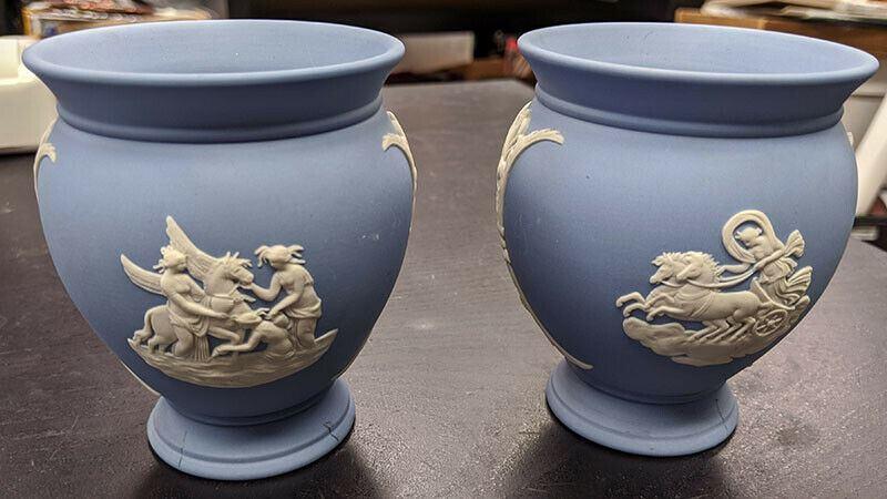 2 WEDGWOOD Blue Jasperware Small Pots / Vases - 3 7/8