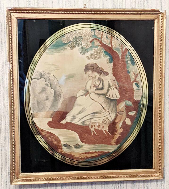 Framed Embroidery Sample - Woman Thinking Under Tree with Dog