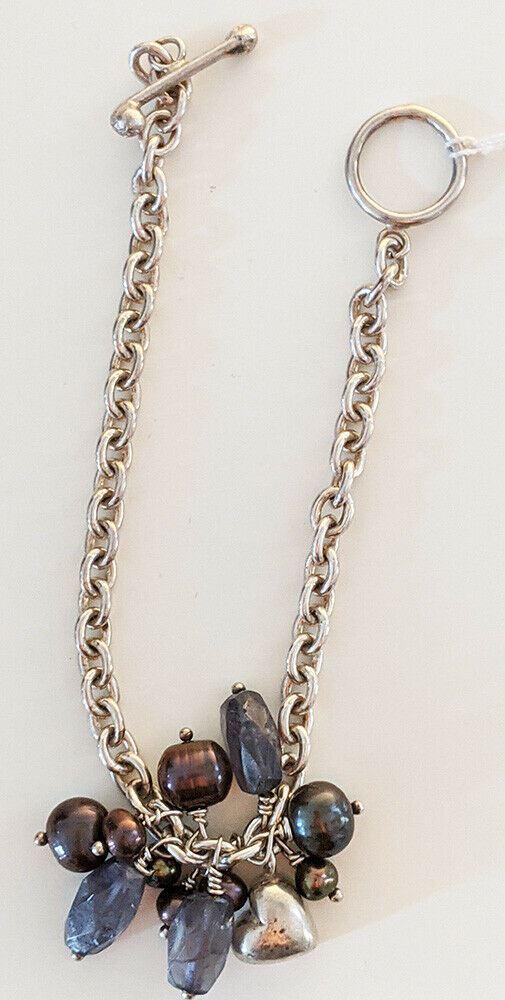 Sterling Silver Amethyst & Purple Bead Dangle Bracelet - Toggle Clasp