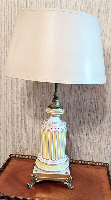 Vintage Meissen Porcelain & Brass Footed Table Lamp - Works - Double Bulb