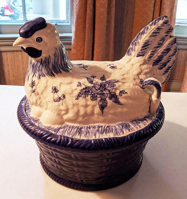 Vintage Blue & White Chicken Topped Ceramic Tureen With Ladle