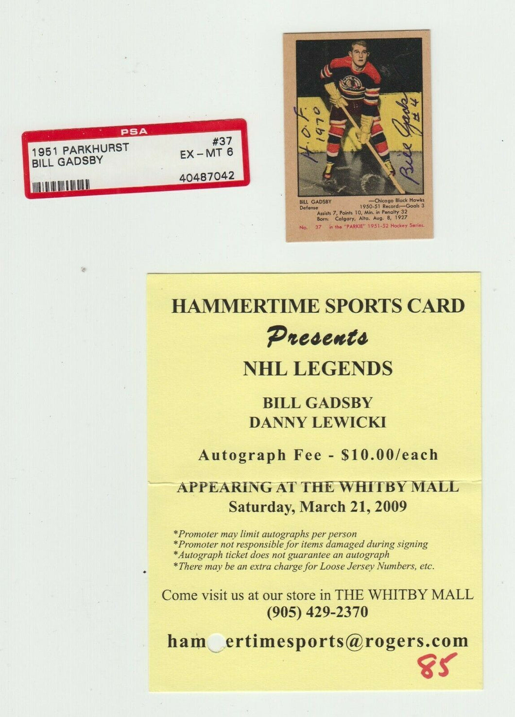 1951 Parkhurst Bill Gadsby #37 Signed Hockey Card w/ PSA EX-MT 6 Certificate