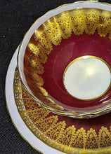 Load image into Gallery viewer, AYNSLEY Fine Bone China Tea Cup &amp; Saucer - Red With Gold Scroll Detail
