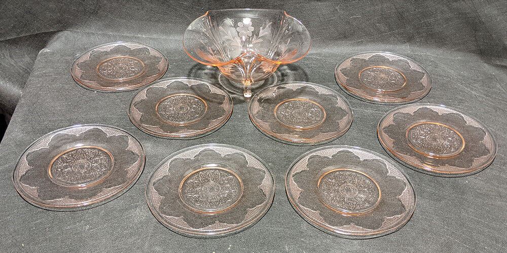 Beautiful Etched Pink Depression Glass Dessert Plates & Footed Serving Bowl