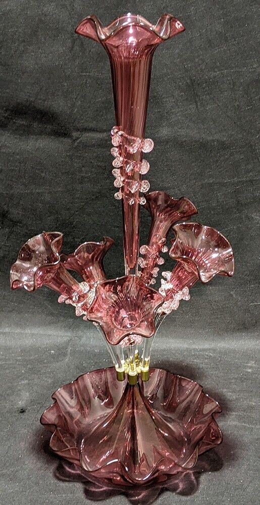 Vintage Cranberry Glass 7 Trumpet Stem Epergne Vase With Bowl