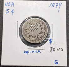 Load image into Gallery viewer, 1874 United States (USA) Shield Nickel 5-Cent Coin
