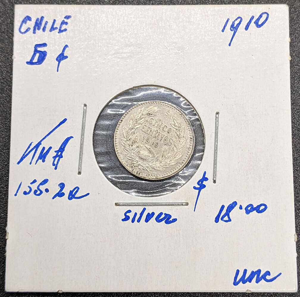 1910 Chile Silver 5 Centavos Coin