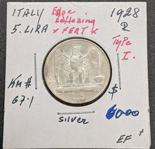Load image into Gallery viewer, 1928 -R Italy Silver 5 Lira Coin
