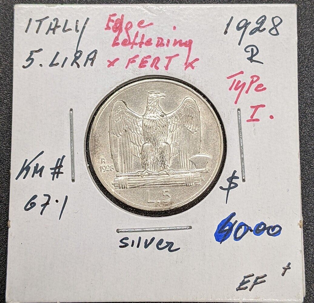 1928 -R Italy Silver 5 Lira Coin