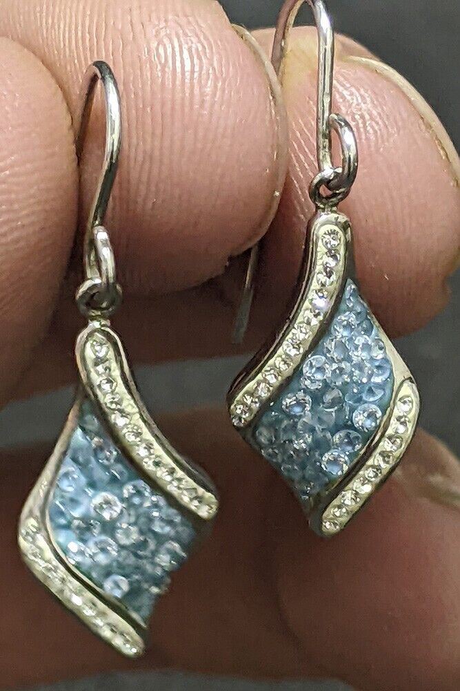 Silver Tone, Glued Crystals Dangle Drop Wave Earrings