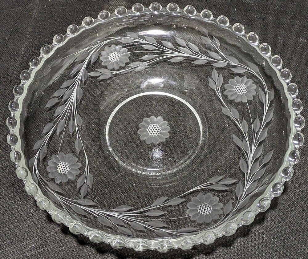 Vintage Coneflower Design, Candlewick Border Shallow Glass Dish