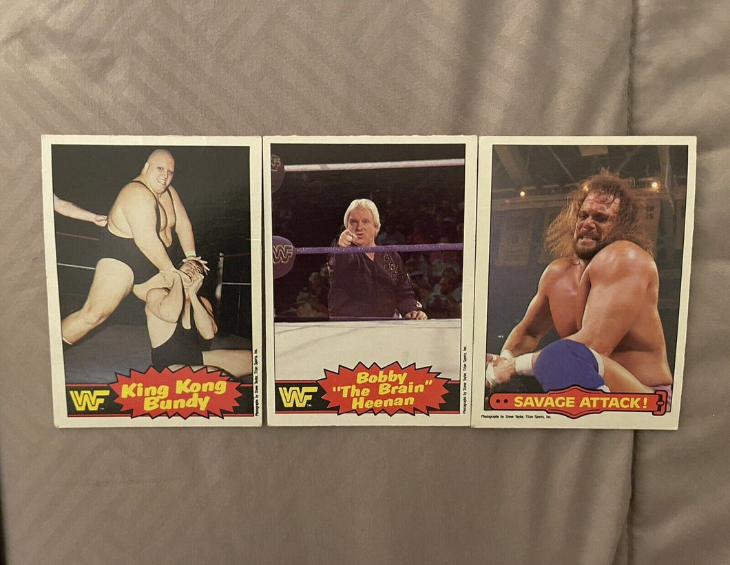 WWF O Pee Chee cards #7 Bundy, #8 Heenan, #11 Ringside
