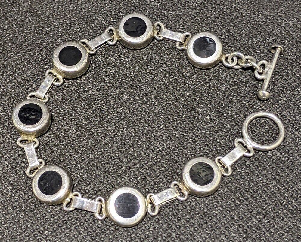 Sterling Silver & Black Enamel Toggle Clasp Bracelet - 7.5