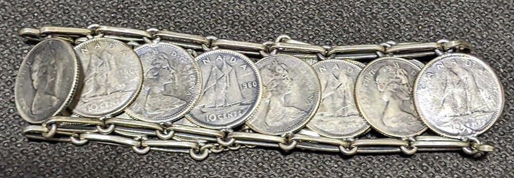 Vintage Canadian Silver Ten Cent Dime Coin Bracelet - 7