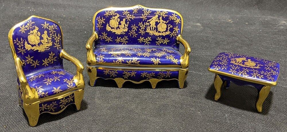 Vintage LIMOGES Porcelain Cobalt & Gold Sofa & Chair Trinket Box Set