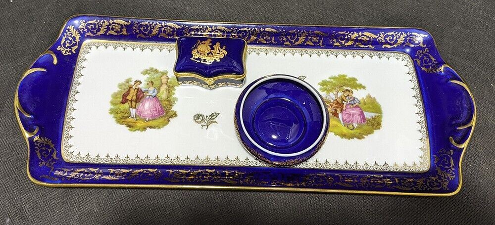 Vintage LIMOGES Porcelain Cobalt & Gold Courting Scene Tray, Trinket Box & Bowl