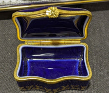 Load image into Gallery viewer, Vintage LIMOGES Porcelain Cobalt &amp; Gold Courting Scene Tray, Trinket Box &amp; Bowl

