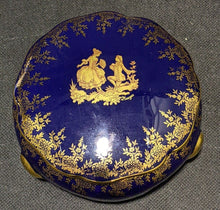 Load image into Gallery viewer, Limoges Fine Porcelain Footed Trinket Box - Courting Couple - Cobalt &amp; Gold
